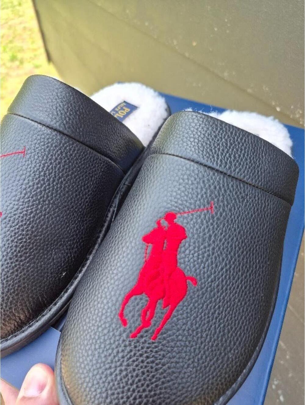 Polo Ralph Lauren Irving Leather Slippers  Black Size 9 SML4726ARL Big Pony Red - Picture 6 of 8